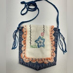 Handmade Upcycled Denim Crossbody Purse, Embroidered, Vintage Doilie